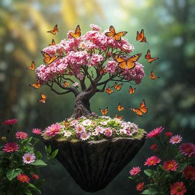 The primary subject of the image is a tree filled with butterflies. The tree is adorned with a variety of butterflies, creating a vibrant and lively scene. The setting is a garden, with the tree being the main focus of the image. The visual style is a combination of photo and digital art, creating a realistic yet whimsical atmosphere. The colors and mood are predominantly pink and white, giving the scene a delicate and serene feel.